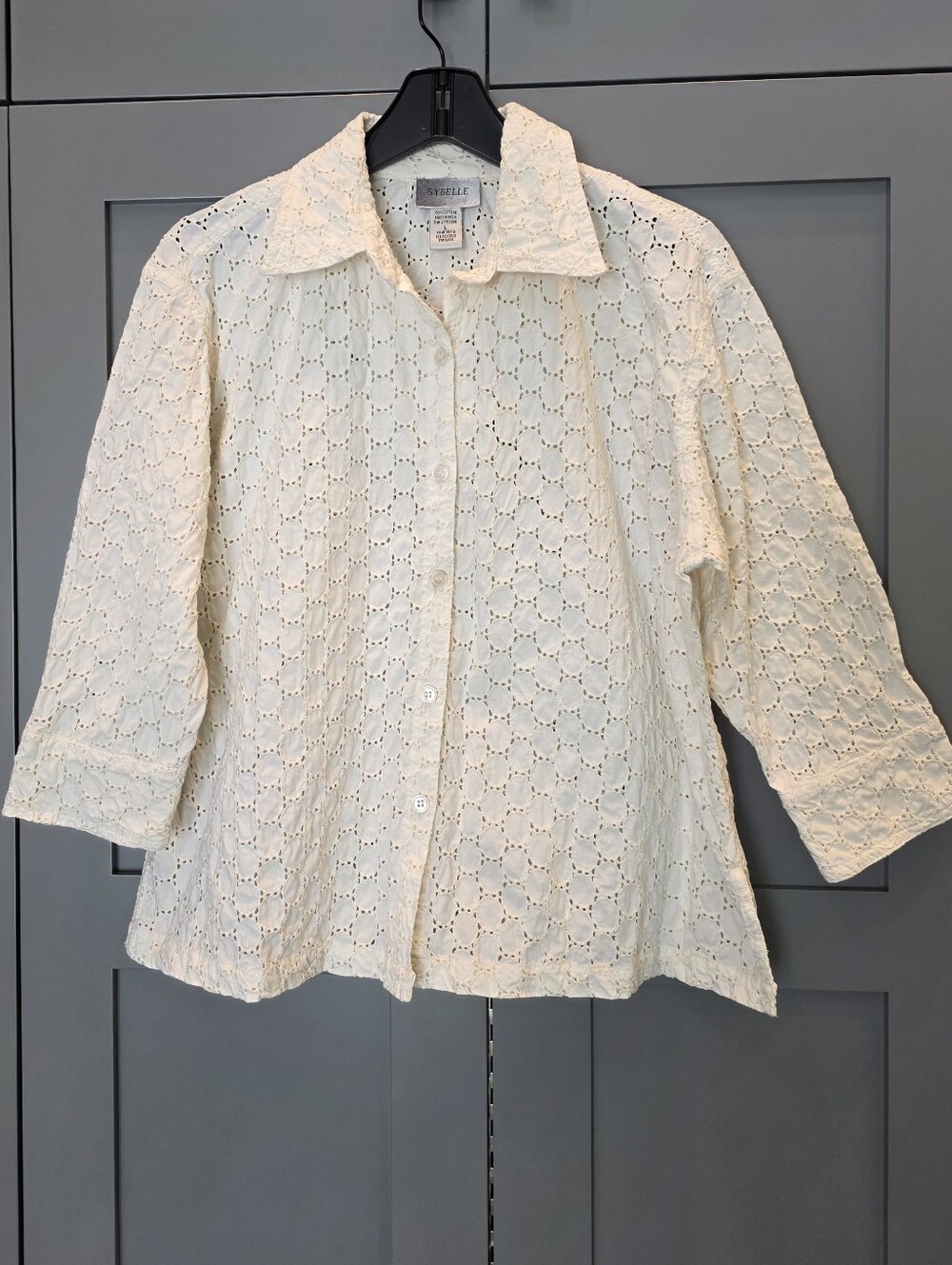 Sybelle Eyelet 100% Cotton Button Up Blouse Ivory Shacket Sz Large Lightweight